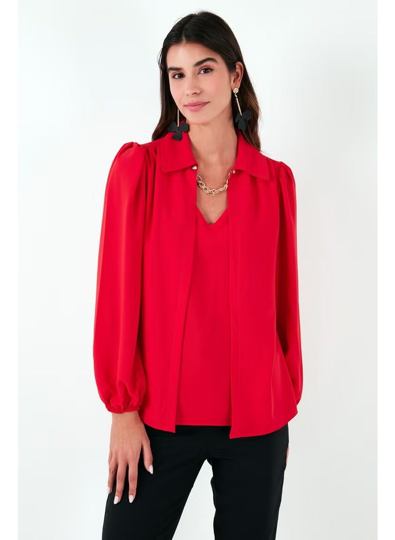 Lela Regular Fit V-Neck Balloon Sleeve Blouse Women's Blouse 611BZ0353 - Image 1